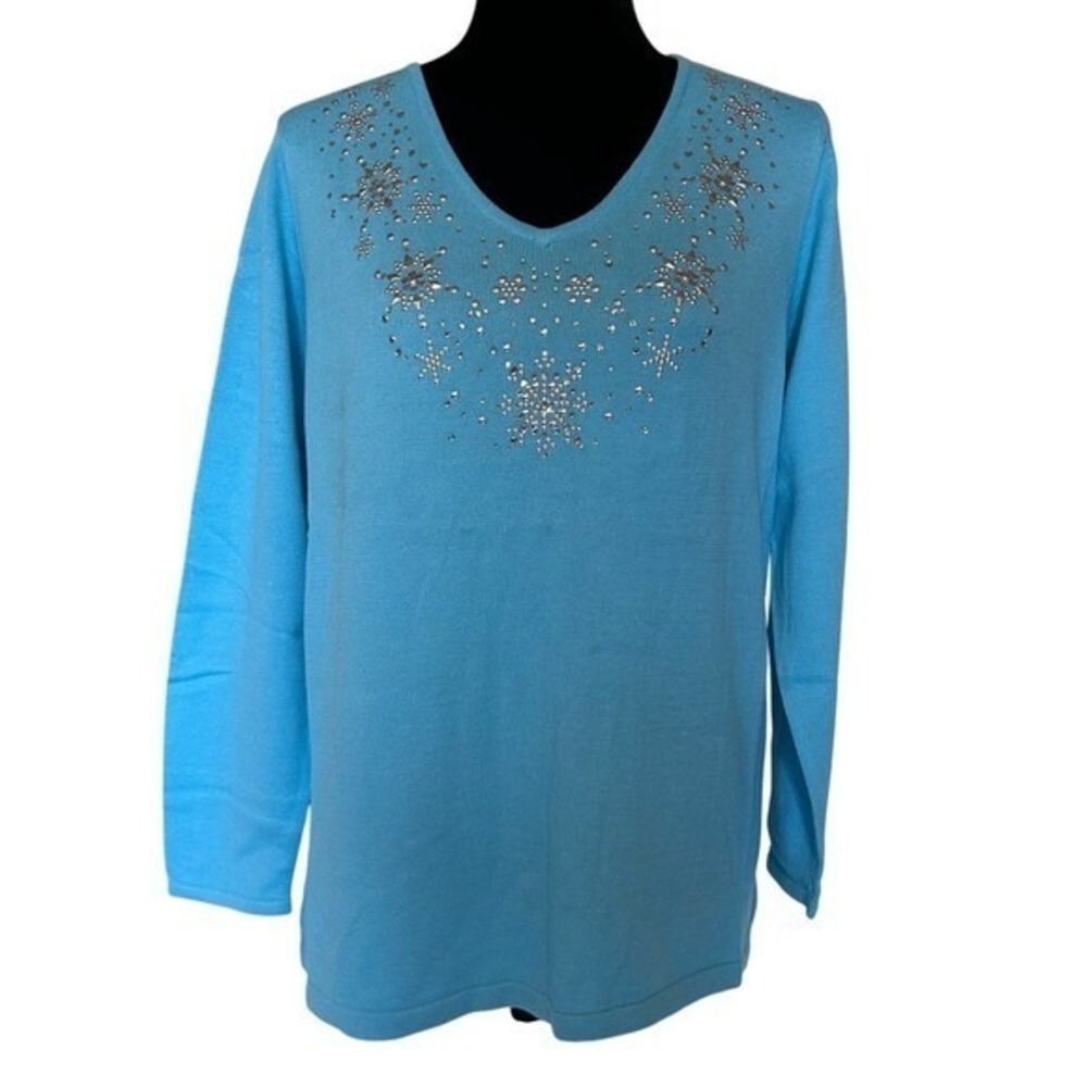 NWT Quacker Factory‎ Sky Blue Silver Embellished V Neckline Sweater Size Small